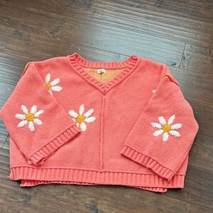 POL Coral V-Neck Sweater with Floral Accents